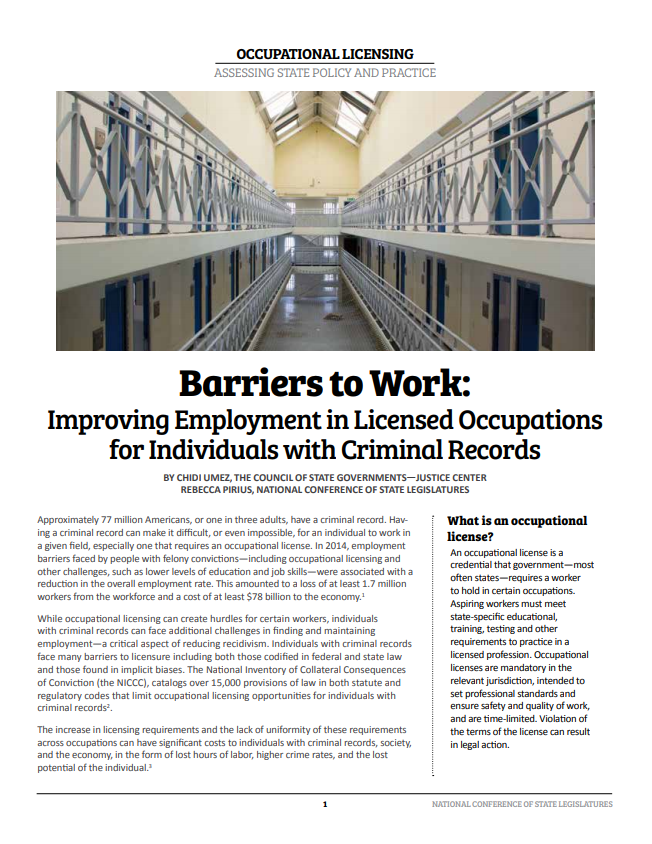 Barriers to Work: Improving Employment in Licensed Occupations for Individuals with Criminal Records 